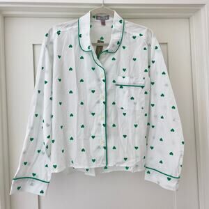 NWT J.Crew Heart Pajama Long Sleeve Lounge Shirt Poplin PJ Top White & Green S